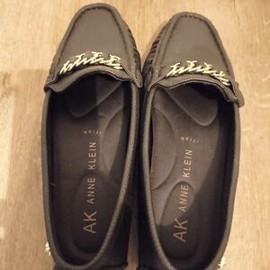 Anne Klein Black Loafers with Gold Chain